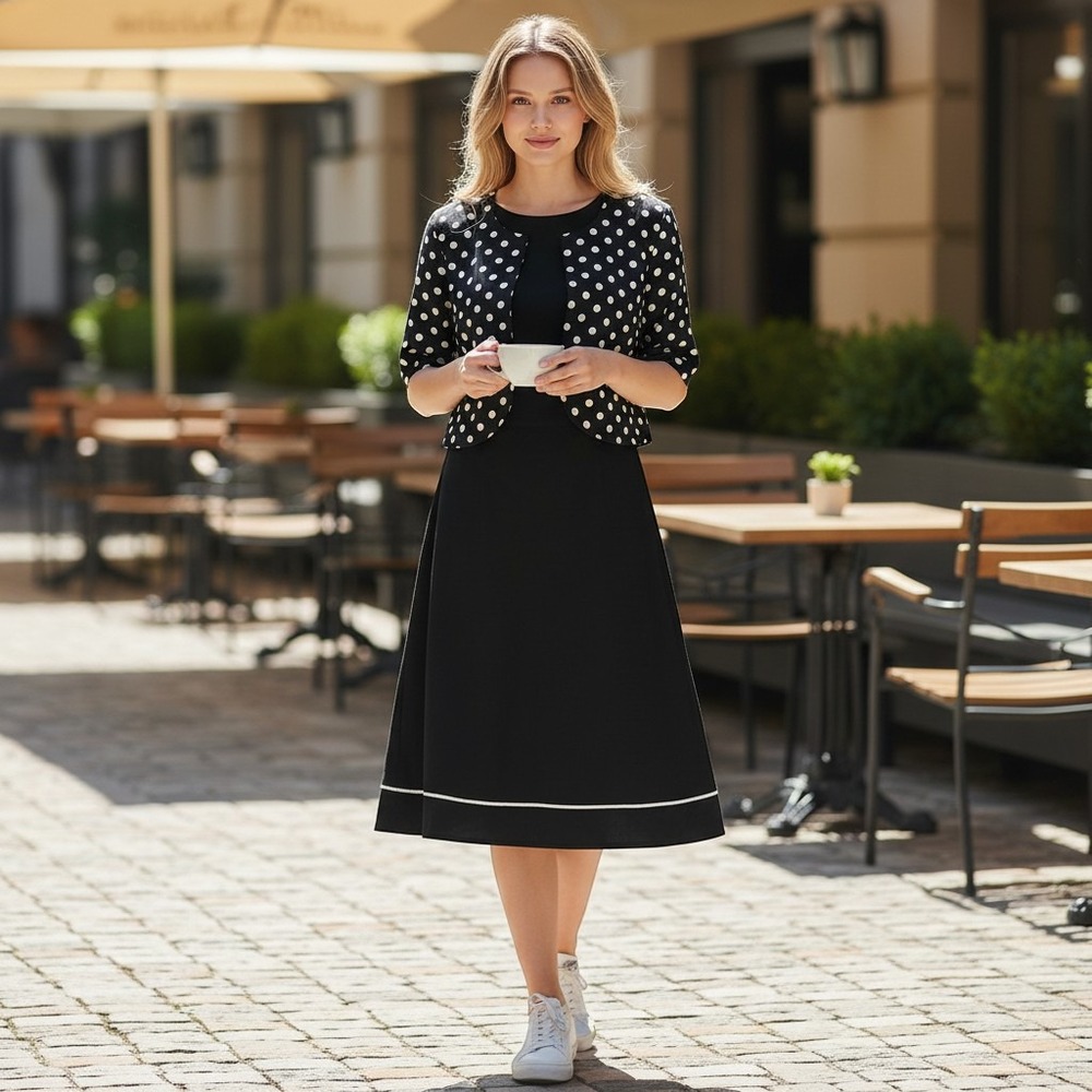 R&K Originals Navy Polka Dot 2 Piece Dress & Jacket Set Womens 16 NWT